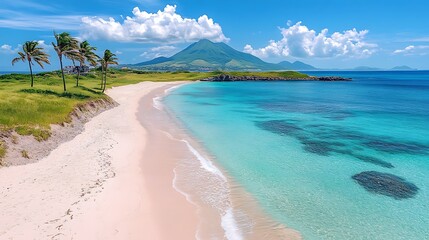 Obraz premium Tropical Beach with Mountains and Palm Trees