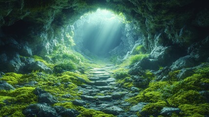 Obraz premium Mystical Cavern Entrance Bathed in Ethereal Light and Ancient Magic