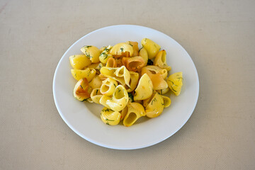 Macaroni Salad with red bell pepper, onion, celery, gherkins and mayonnaise dressing.Traditional Italian pasta with vegetables and creamy cottage cheese in a bowl. Fettuccini, alfredo makarna.