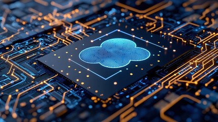 Digital Cloud Icon Over Circuit Board Background with Glowing Elements