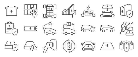Car battery icon set. It includes electric, charge, electric car, ev, renewable, and more icons. Editable Vector Stroke.
