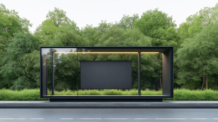 blank billboard on the road,a modern bus stop with a blank billboard,set against a city park background
