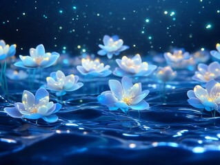 Enchanting Bioluminescent Lotus Flowers Floating in Serene Undersea Fantasy Landscape