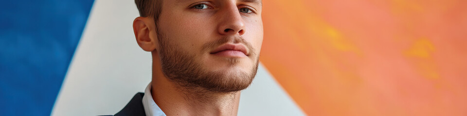 Fototapeta premium Close-up Portrait of Man with Short Beard Against Multicolored Background