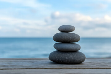 Photo of a stack of pebbles on a wooden table with a blurred beach background, 
