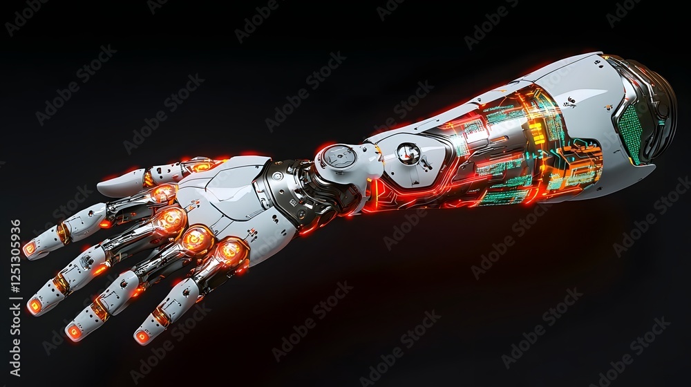 Poster futuristic robotic arms with glowing lights and abstract digital patterns showcasing advanced techno