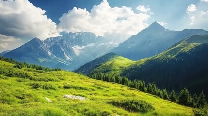 Fototapeta premium Majestic Mountains and Verdant Valley Landscape