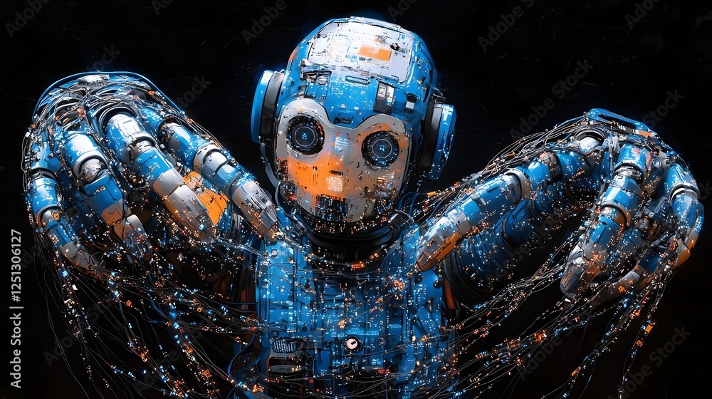 Poster intricate abstract design showcasing the fusion of robust robotic components and interconnected digi