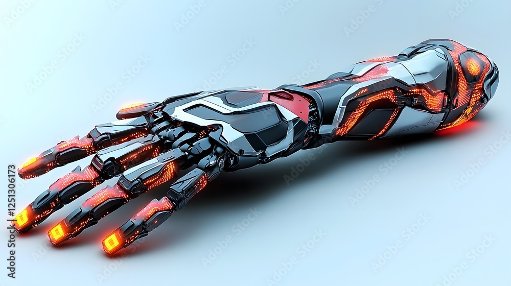 Poster futuristic robotic arms with glowing lights and intricate abstract digital patterns showcasing advan