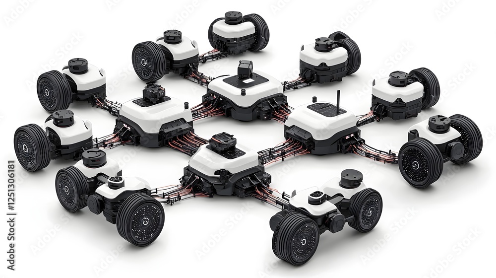 Poster futuristic abstract of robotic components and digital networks intertwined in a complex innovative a