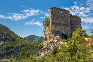 Panorama in Soyans, medieval village in Dr&ocirc;me, southeastern France. The old village is dominated by the Romanesque church Saint-Marcel and the ruins of the castle.