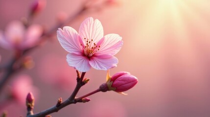 Obraz premium Delicate Pink Blossom in Soft Golden Light, a Symbol of Spring's Gentle Arrival