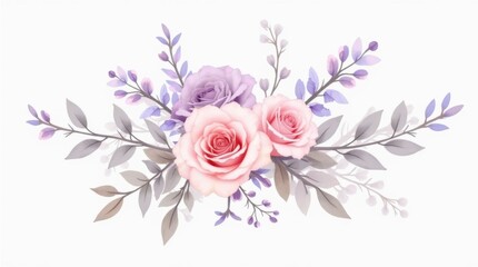 Fototapeta premium Romantic Watercolor Floral Bouquet with Roses and Lavender