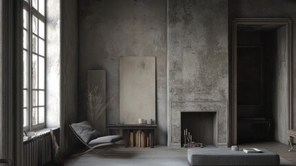 Stylish and refined living room with a raw concrete aesthetic complemented by warm, modern touches.