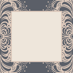 Frame of Scandinavian ethnic pattern of dark blue floral elements on a light beige background