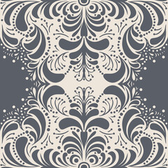 Seamless Scandinavian ethnic pattern of dark blue floral elements on a light beige background