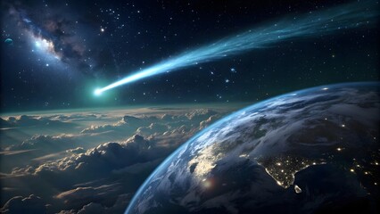 Cosmic Scene with Comet Passing Over Earth and Starry Sky, Celestial Wonders and Astronomical Beauty