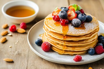 Delicious almond flour pancakes topped with fresh berries and syrup, perfect for low-carb diet recipes aimed at weight loss. Concept showcases low-carb diet recipes for healthy eating.