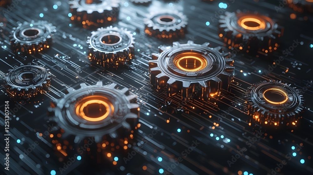 Poster intricate network of glowing robotic gears cogs and mechanical components floating in a futuristic d
