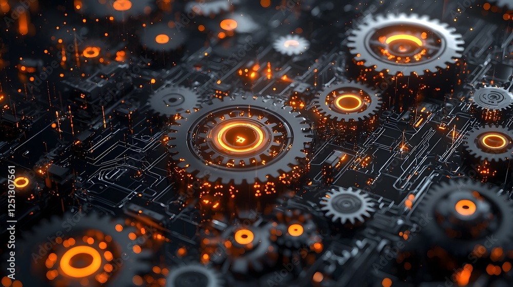 Poster glowing robotic gears and components floating in a digital abstract space futuristic and technologic
