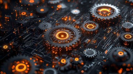 Glowing robotic gears and components floating in a digital abstract space  Futuristic and technological background with machinery mechanisms and cyber elements