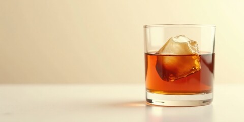 A Refreshing Glass of Amber Liquid with a Single Ice Cube on a Smooth Surface