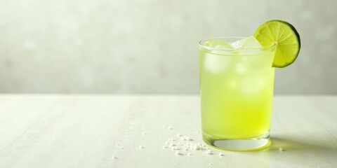 Fototapeta premium Refreshing Lime Beverage with Ice Cubes and a Rim of Salt in a Glass