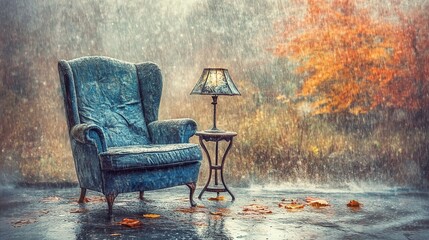 Rainy autumn porch, armchair, lamp, leaves, solitude, relaxation