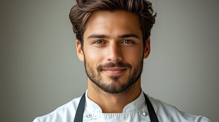 Naklejka premium A young and confident chef wearing professional whites, smiling softly while posing against a plain background. The chef exudes competence and approachability.