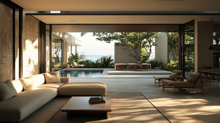 Fototapeta premium Stylish living room with open access to an outdoor patio featuring a pool and screened enclosure.