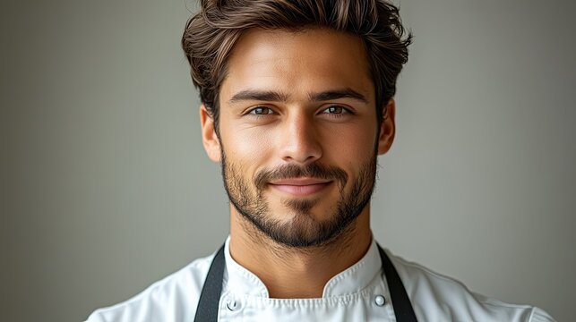 A young and confident chef wearing professional whites, smiling softly while posing against a plain background. The chef exudes competence and approachability.