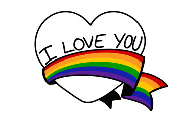 Fototapeta premium Heart wrapped with a ribbon in the colors of the LGBTQ+ rainbow and text 