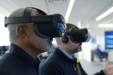 Immersive virtual reality experience with two men wearing headsets, engaged in technology. modern office setting enhances innovative atmosphere