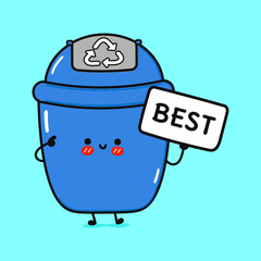Cute Blue Recycling Bin character holding a best sign. Vector hand drawn cartoon kawaii character illustration icon. Isolated on blue background. Playful Blue Trash Can Cartoon