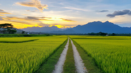 Obraz premium vibrant sunset over lush rice fields and mountains in Philippines