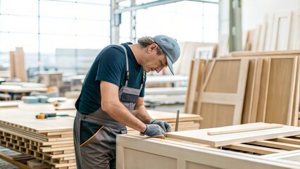 Portrait of Indian Factory Worker in Furniture Manufacturing &ndash; A worker crafting or assembling wooden furniture, with tools and wood materials visible in the background.