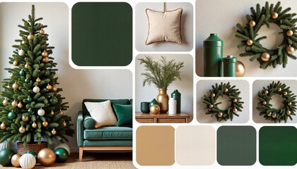 Green and gold Christmas decor with tree, wreaths, and pillows