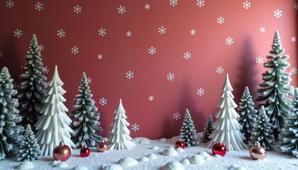 Snowy Christmas tree scene with ornaments and snowflakes on red background