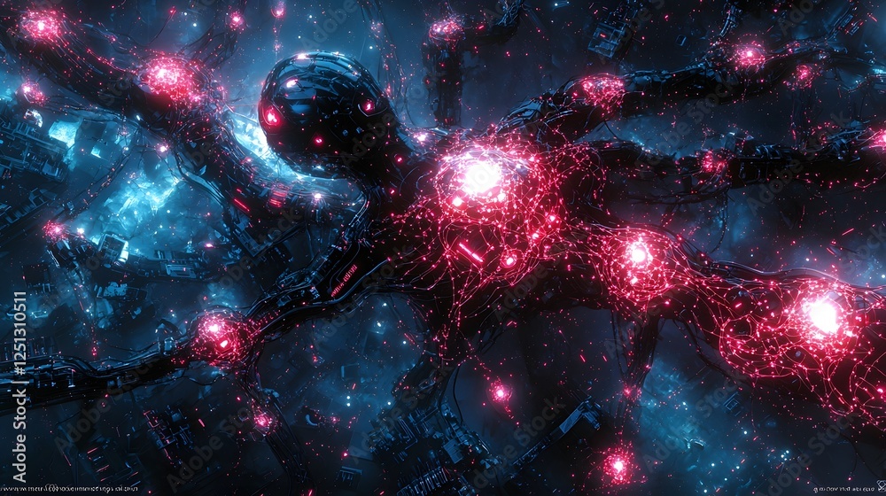Poster glowing neural network with intricate robotic figures and pulsing circuits in an abstract futuristic