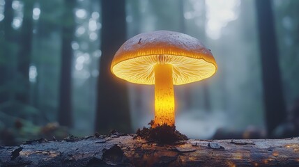 Glowing Mushroom Illuminates Enchanted Forest Nature Photography Mystical Atmosphere Close-Up View Magical Concept
