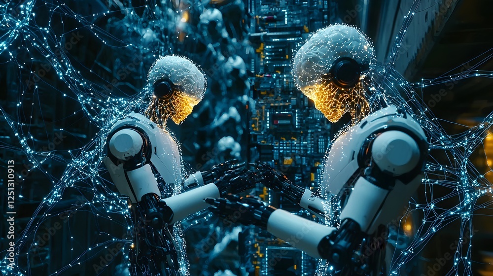 Poster glowing robotic figures intertwined in neural network of luminous circuits abstract futuristic digit