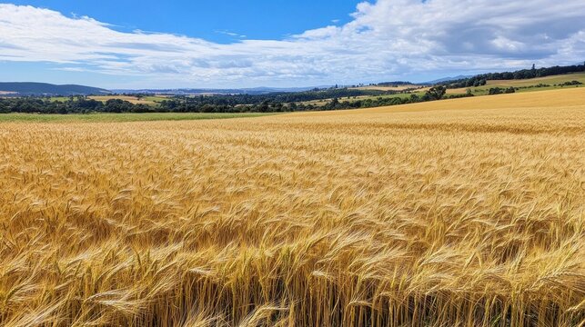 Golden wheat field under a blue sky with white clouds on a sunny day landscape