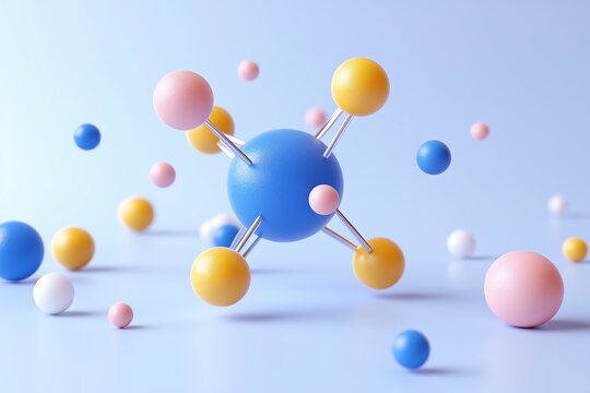 A colorful molecular structure with blue, yellow, pink, and white spheres representing atoms, connected by silver rods, set against a soft blue background. 3d rendering cute illustration.
