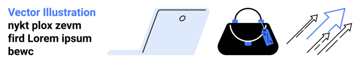 Laptop for productivity, handbag for style, arrows for growth. Ideal for business, e-commerce, technology, finance, marketing shopping fashion. Perfect for flat landing page banner