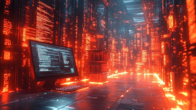 Programmer in digital data center, coding, glowing screens, future tech