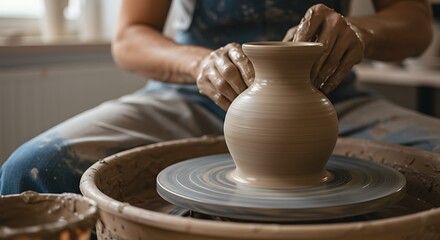 Crafting pottery vase on spinning wheel, handmade art