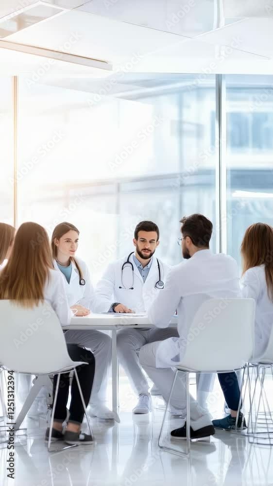 Poster doctors and nurses are sitting around a table, engaging in a discussion about patient cases in a mod