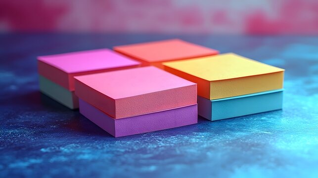 Vibrant Pastel Colored Sticky Notes Scattered on a Desk with a Bright and Cheerful Top Down Aesthetic Slightly Blurred Background Providing Copy Space for Text Overlay