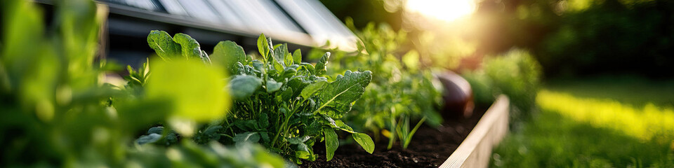 Raised Garden Bed with Leafy Plants and Greenhouse