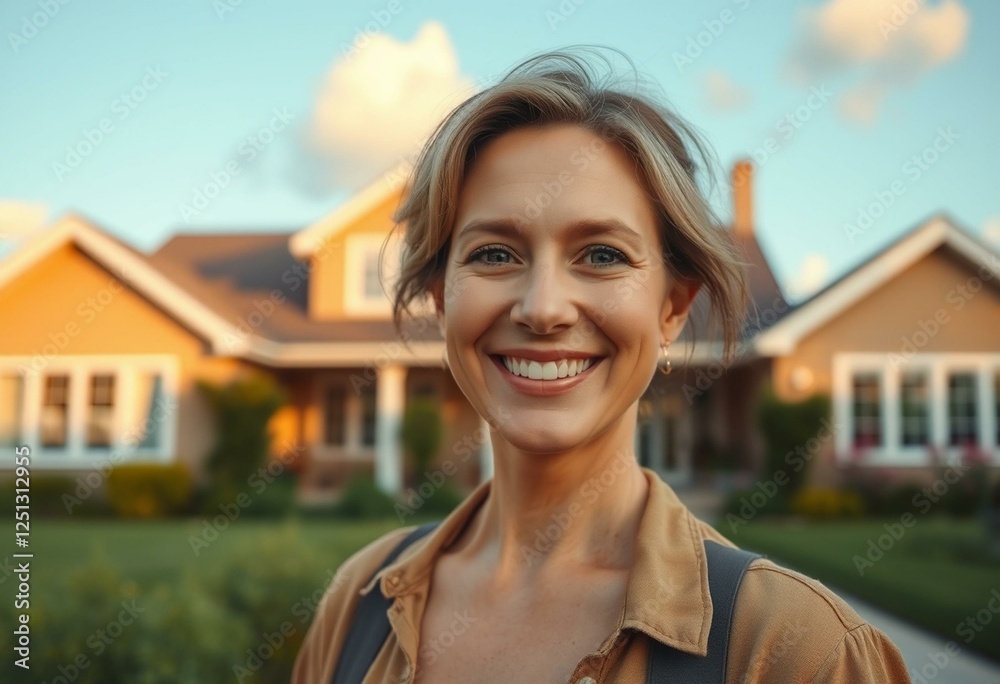 Wall mural Happy female in front of a private house